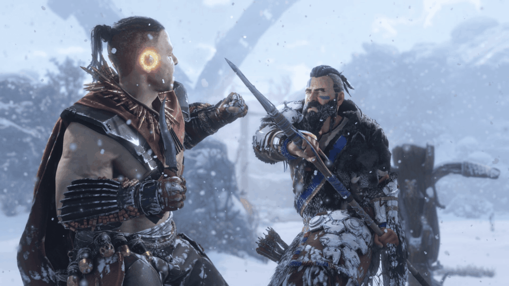 Le grand méchant de l'histoire en plein combat avec le père adoptif d'Aloy